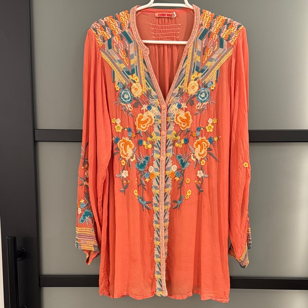 Johnny Was Coral Embroidered Tunic